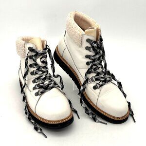 Toms Boots Womens 8.5 White Leather Lace Up Faux Fur Ankle Casual Flat Round Toe
